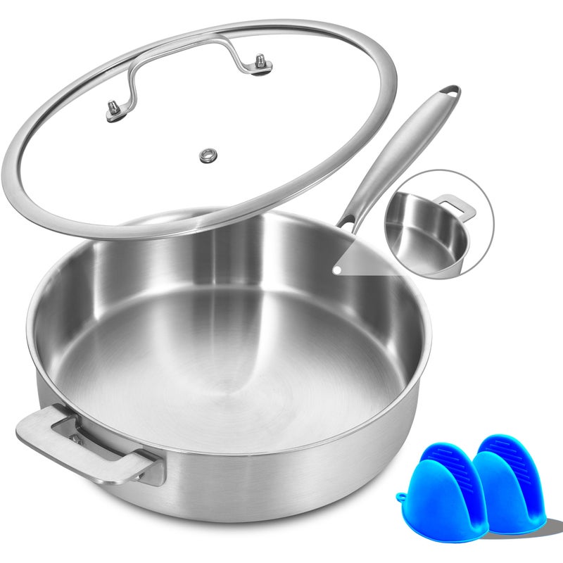 LOLYKITCH Saut Pan 6QT TriPly Stainless Steel Deep Cooking Pan 12 Inch Everyday Pan with Lid Large Induction Frying Skillet Compatible with All Cooktops Two Ergonomic Handles for Conversion
