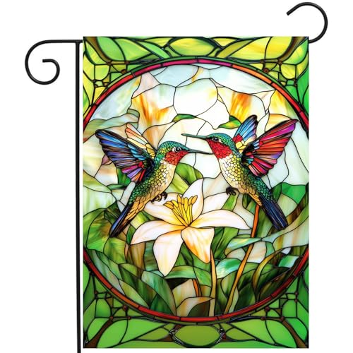 DZGlobal Stained Glass Hummingbird Garden Flags Floral Spring Flag Summer Flower Yard Flags for Outside 12x18 Double Sided Small Outdoor Seasonal Flags for Lawn Porch Patio Decor - Image 1