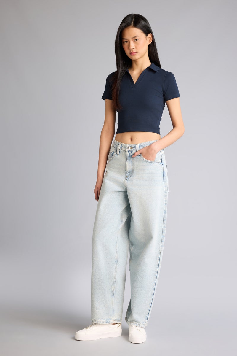 DeFacto Blue Woman Slim Fit Polo Collar Camisole Short Sleeve T-Shirt Casual - Image 2