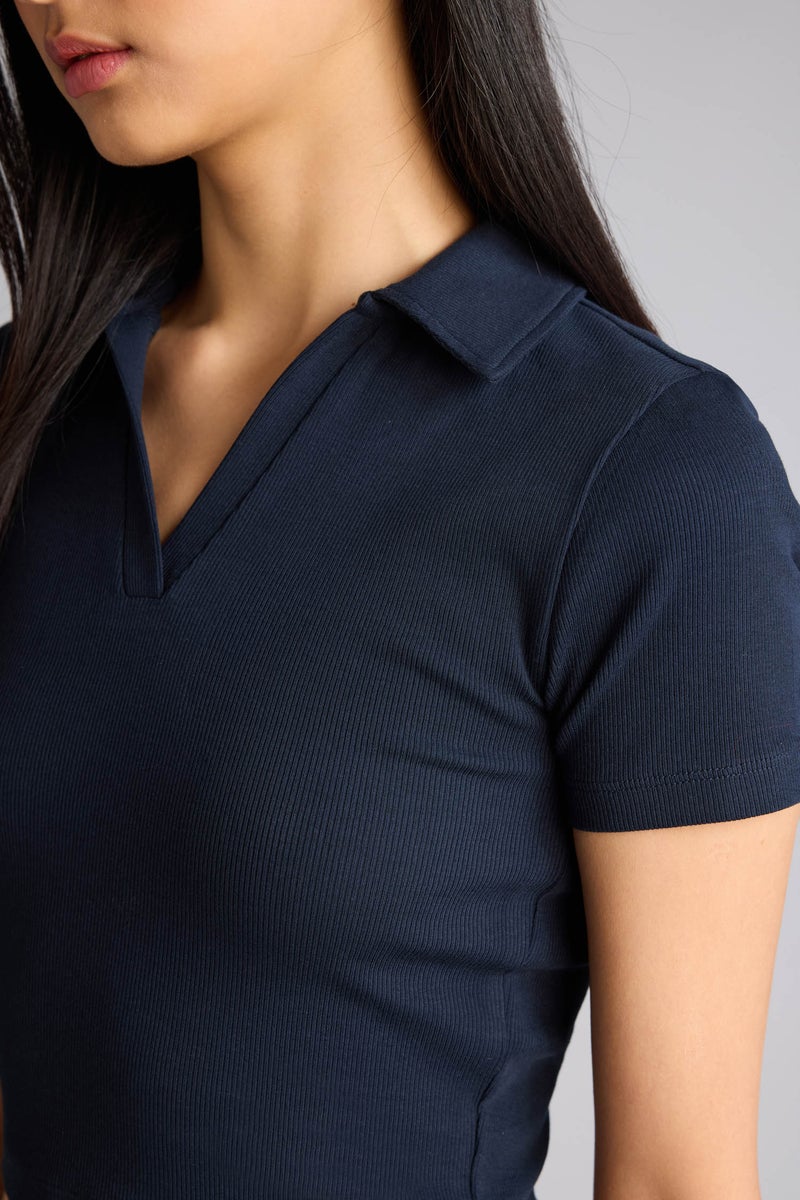 DeFacto Blue Woman Slim Fit Polo Collar Camisole Short Sleeve T-Shirt Casual - Image 4