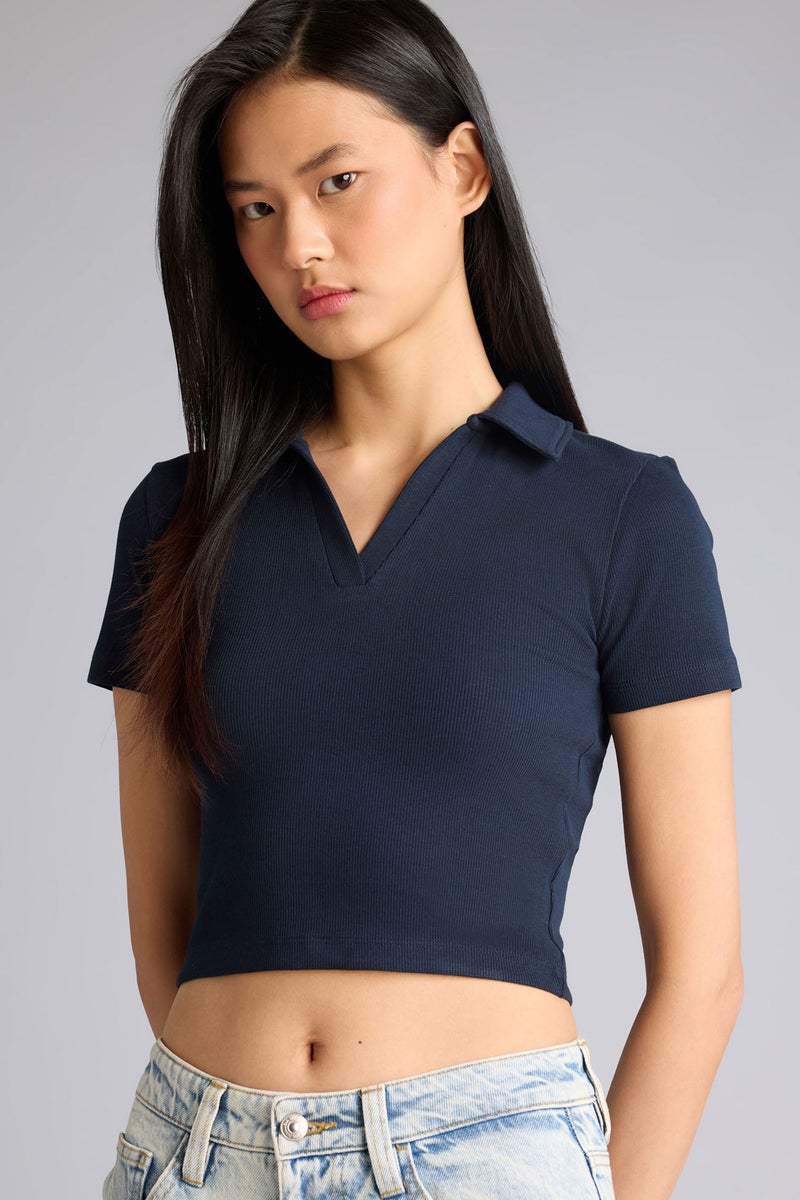 DeFacto Blue Woman Slim Fit Polo Collar Camisole Short Sleeve T-Shirt Casual - Image 1