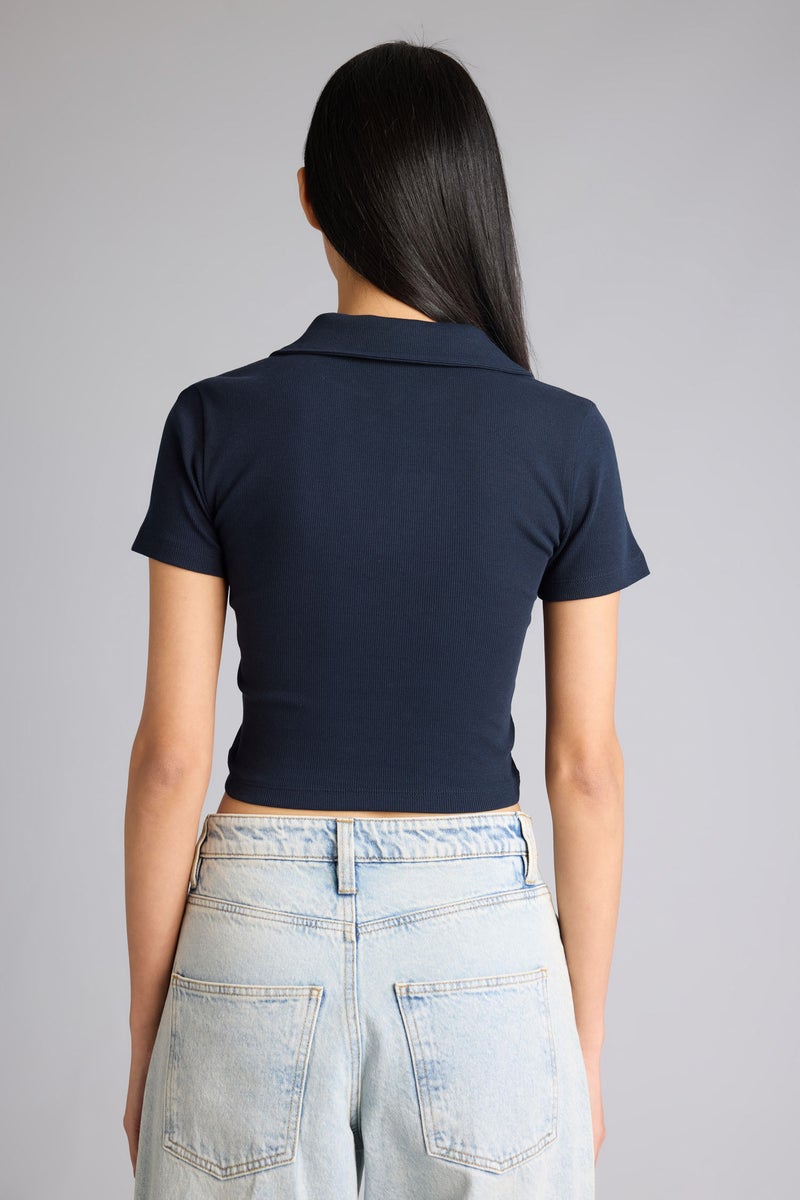 DeFacto Blue Woman Slim Fit Polo Collar Camisole Short Sleeve T-Shirt Casual - Image 5