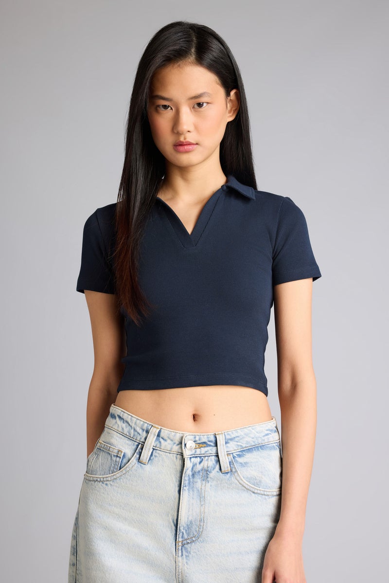 DeFacto Blue Woman Slim Fit Polo Collar Camisole Short Sleeve T-Shirt Casual - Image 3