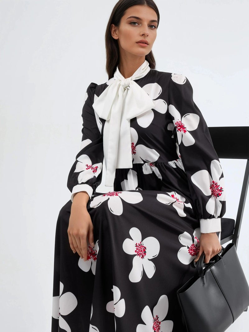 Jennyfer Floral Maxi Dress with Pussy-Bow Neckline - Image 1