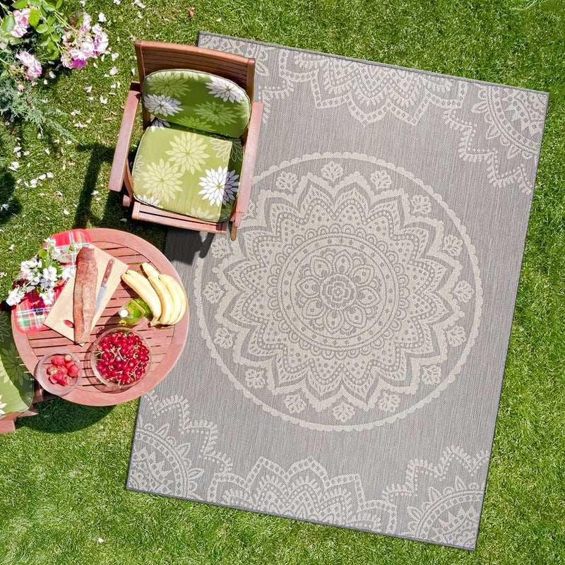 CAMILSON Outdoor Rug 5x7 Modern Area Rugs for Indoor and Outdoor Patios and Porches Waterproof Washable NonShedding EasytoClean Outside Carpet 5 x 7 Medallion GreyWhite