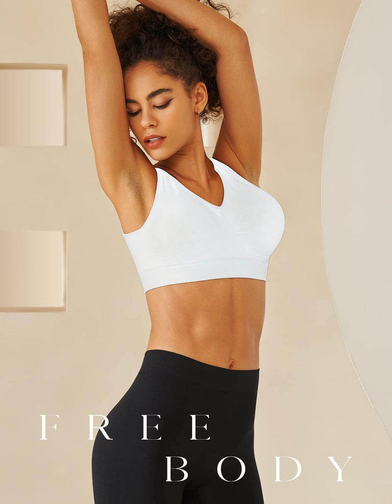 SIMIYA Womens Sports Bras, Yoga Comfort Seamless Stretchy Sports Bra for Women 3 Pack Black White Grey - Image 5