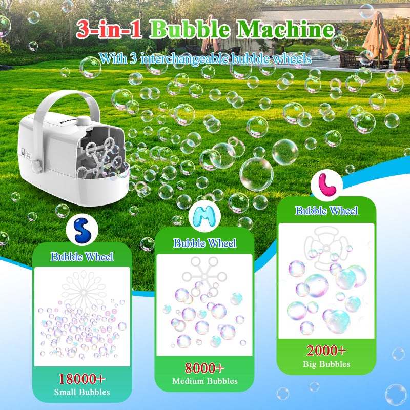 Wisdomlit Bubble Machine 3in1 Bubble Maker Bubble Blower with 3 Bubble Wheels Make Small  Medium  Big Bubbles for Kids Toddlers Bubble Toys for Indoor Outdoor Birthday Party White - Image 3