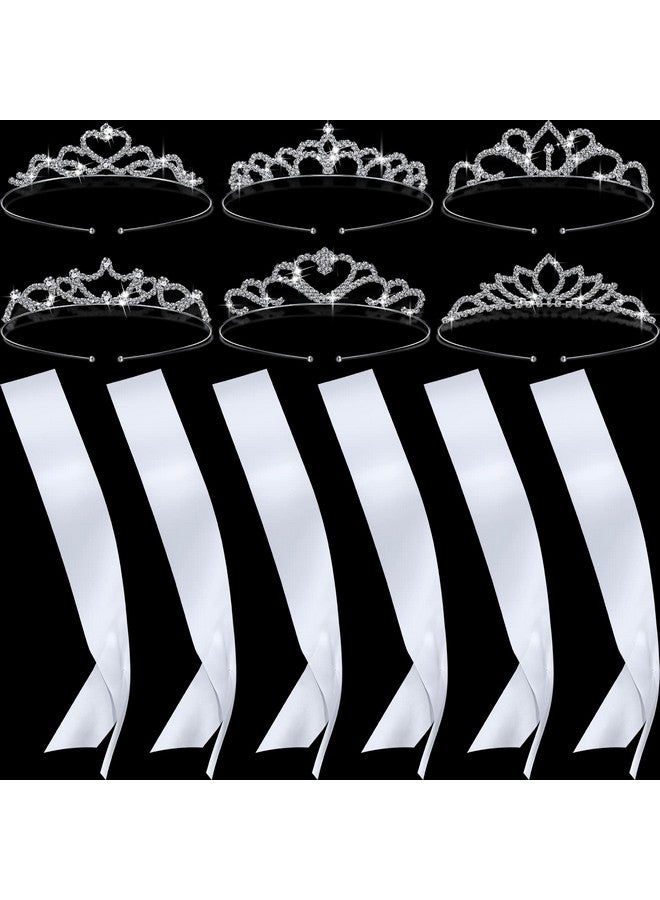 چوينت مجموعة من 6 قطع من إكسسوارات حفلات الهالوين، أوشحة لحفلات التاج الملكي، أوشحة فارغة مرصعة بأحجار الراين، أوشحة من الساتان لحفلات الزفاف، أو زينة حفلات التخرج، اصنعها بنفسك (أبيض، فضي) - Image 1
