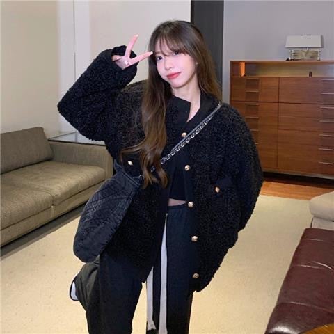 Chic Sherpa Coat Winter 2023 Warm Woolen Fashion Womens Outerwear Black  - Image 1