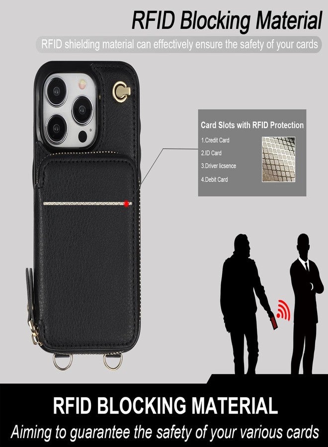 Bocasal Crossbody Wallet Case for iPhone 15 Pro, RFID Blocking Leather Purse Case with Card Holder, Protective Handbag Flip Cover with Zipper Wrist Strap Lanyard for Women 5G 6.1 Inch (Black) - Image 4