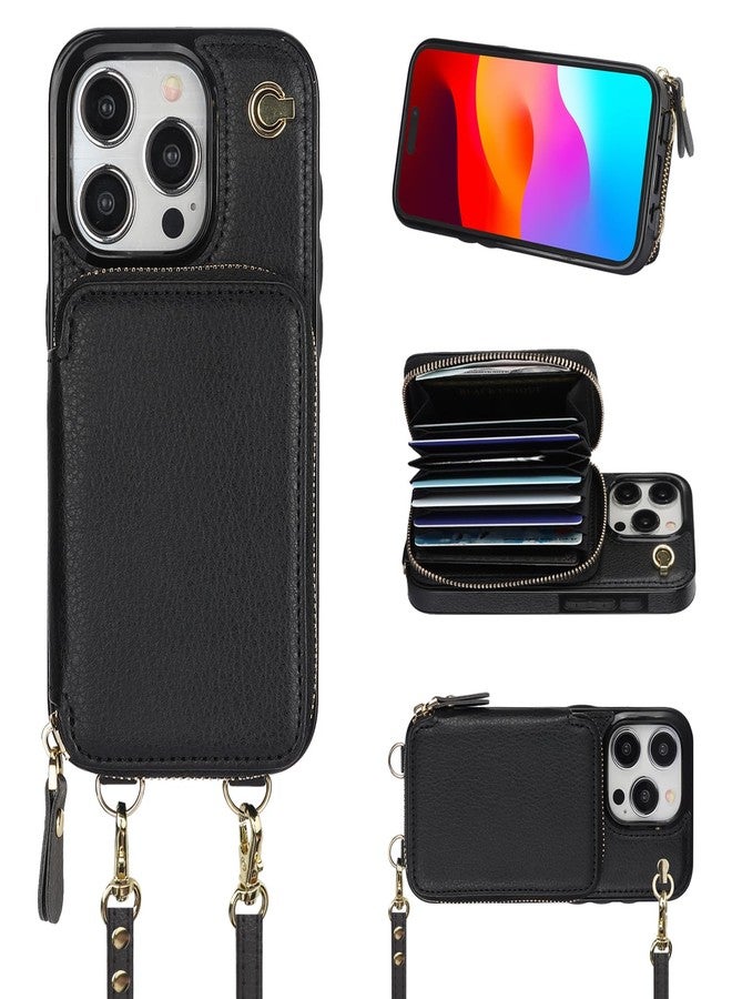 Bocasal Crossbody Wallet Case for iPhone 15 Pro, RFID Blocking Leather Purse Case with Card Holder, Protective Handbag Flip Cover with Zipper Wrist Strap Lanyard for Women 5G 6.1 Inch (Black) - Image 1