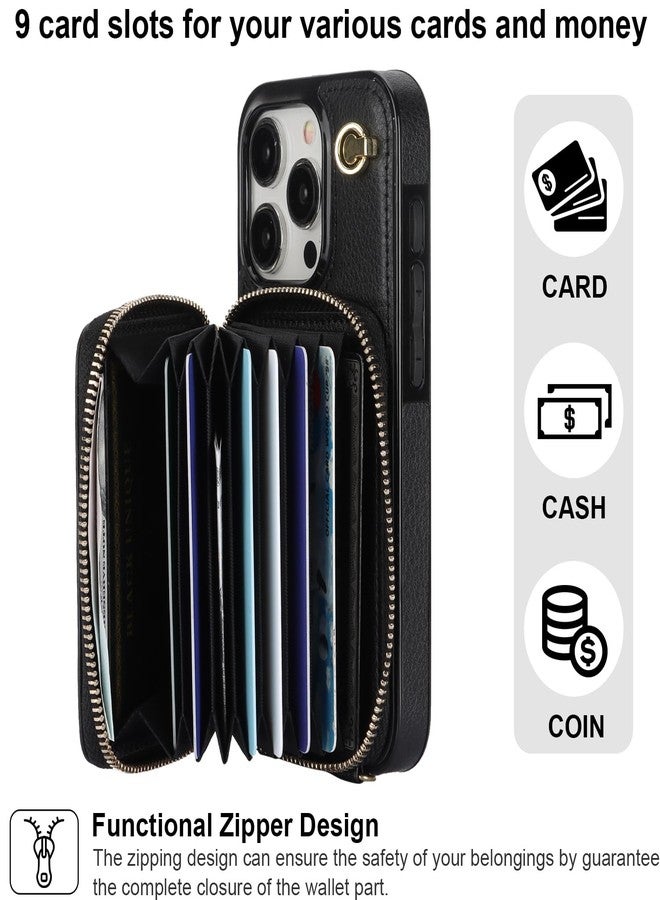 Bocasal Crossbody Wallet Case for iPhone 15 Pro, RFID Blocking Leather Purse Case with Card Holder, Protective Handbag Flip Cover with Zipper Wrist Strap Lanyard for Women 5G 6.1 Inch (Black) - Image 3