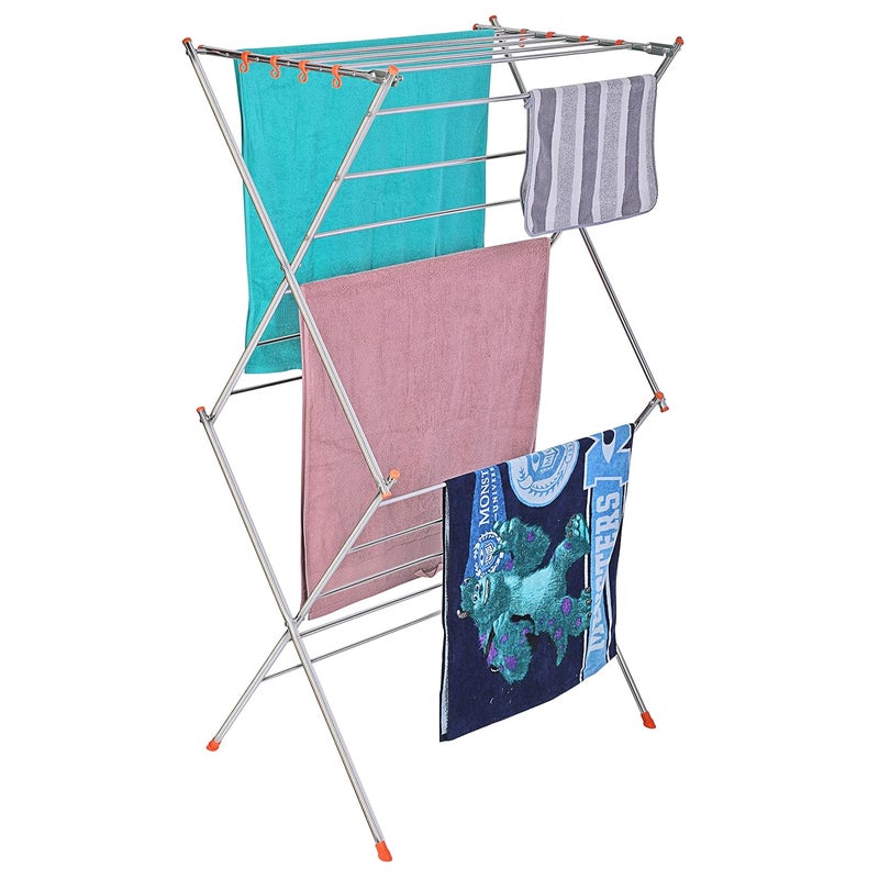 iSTAR Stainless Steel 3Tier Heavy Duty Clothes Drying Stand for Balcony Indoor and Outdoor Rustproof Weather Resistant and Foldable Large Steel Laundry Rack with 16 Rods Silver - Image 1