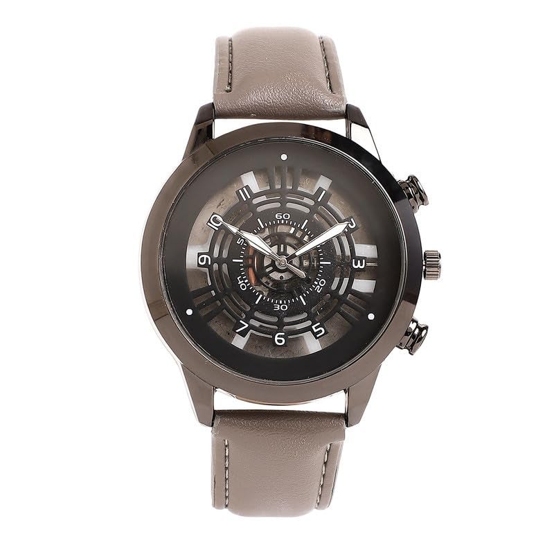 French Accent Men's The Aventra Round Watch | Khaki Brown Vegan Leather Strap | Space Grey Dial | One-Size | Tang Buckle Closure | Quartz | Battery | Wrist Belt Watch for Men and Boys - Image 1