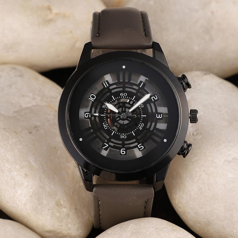 French Accent Men's The Aventra Round Watch | Khaki Brown Vegan Leather Strap | Space Grey Dial | One-Size | Tang Buckle Closure | Quartz | Battery | Wrist Belt Watch for Men and Boys - Image 2