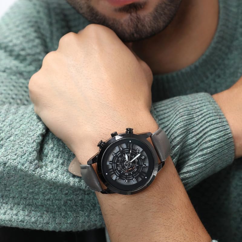 French Accent Men's The Aventra Round Watch | Khaki Brown Vegan Leather Strap | Space Grey Dial | One-Size | Tang Buckle Closure | Quartz | Battery | Wrist Belt Watch for Men and Boys - Image 3