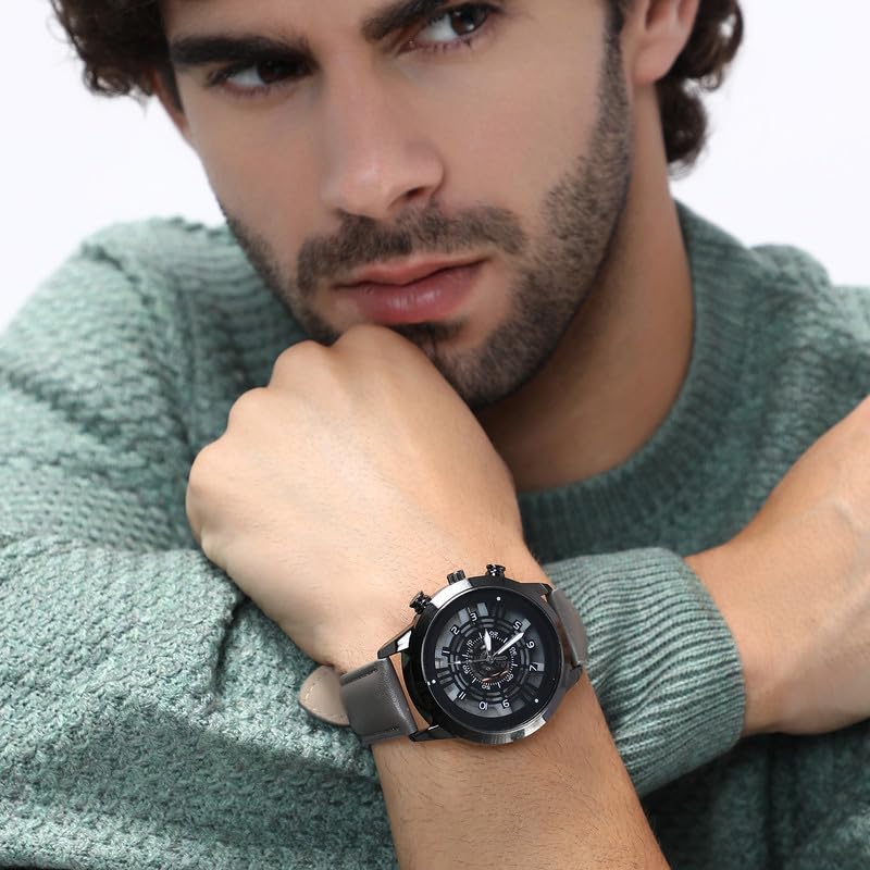 French Accent Men's The Aventra Round Watch | Khaki Brown Vegan Leather Strap | Space Grey Dial | One-Size | Tang Buckle Closure | Quartz | Battery | Wrist Belt Watch for Men and Boys - Image 4