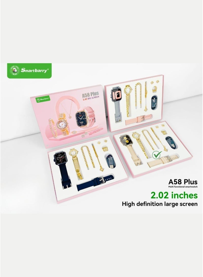 Smartbarry A58 Plus 7-in-1 Gold Colour Women Smartwatch Jewelry Gift Set – 2.02” Bluetooth Calling Smart Watch with Extra Straps, Diamond-Style Ring, Bracelet, Earrings & Necklace – Luxury Fashion Combo for Ladies - Image 4