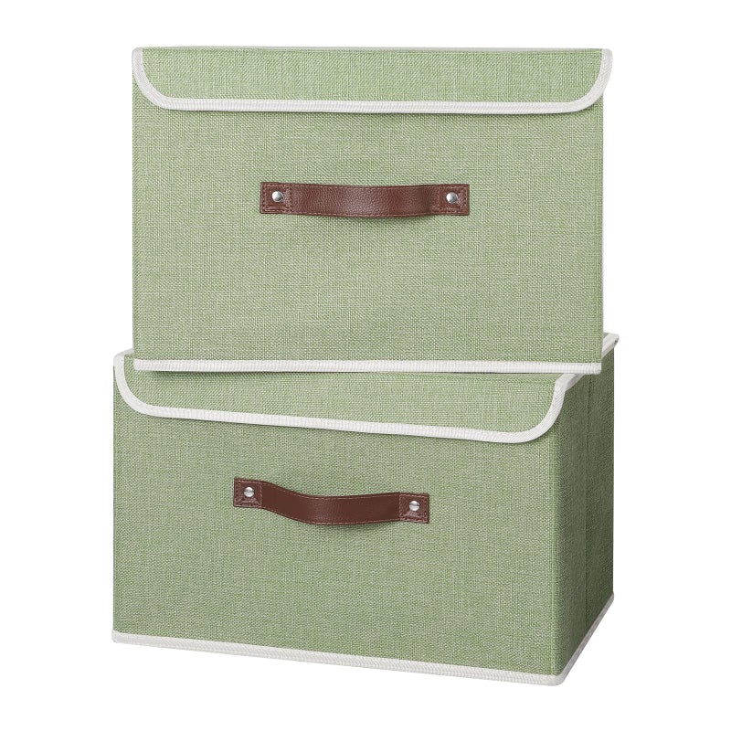 ANMINY 2PCS Storage Bins with Lid PU Leather Handles Storage Boxes PP Plastic Board Decorative Foldable Lidded Cotton Linen Fabric Home Cubes Baskets Closet Organizer Containers - Green, Large Size - Image 1