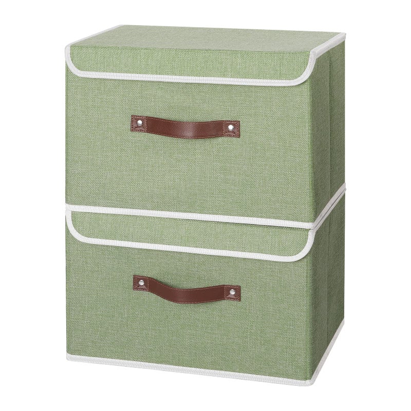 ANMINY 2PCS Storage Bins with Lid PU Leather Handles Storage Boxes PP Plastic Board Decorative Foldable Lidded Cotton Linen Fabric Home Cubes Baskets Closet Organizer Containers - Green, Large Size - Image 2