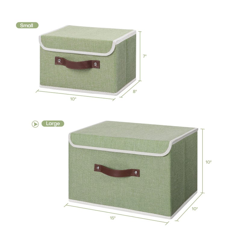 ANMINY 2PCS Storage Bins with Lid PU Leather Handles Storage Boxes PP Plastic Board Decorative Foldable Lidded Cotton Linen Fabric Home Cubes Baskets Closet Organizer Containers - Green, Large Size - Image 5