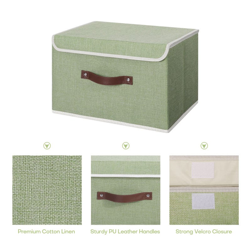 ANMINY 2PCS Storage Bins with Lid PU Leather Handles Storage Boxes PP Plastic Board Decorative Foldable Lidded Cotton Linen Fabric Home Cubes Baskets Closet Organizer Containers - Green, Large Size - Image 3