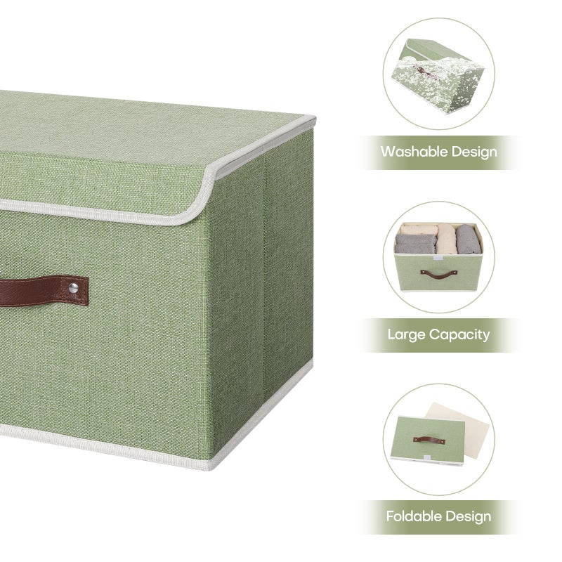 ANMINY 2PCS Storage Bins with Lid PU Leather Handles Storage Boxes PP Plastic Board Decorative Foldable Lidded Cotton Linen Fabric Home Cubes Baskets Closet Organizer Containers - Green, Large Size - Image 4