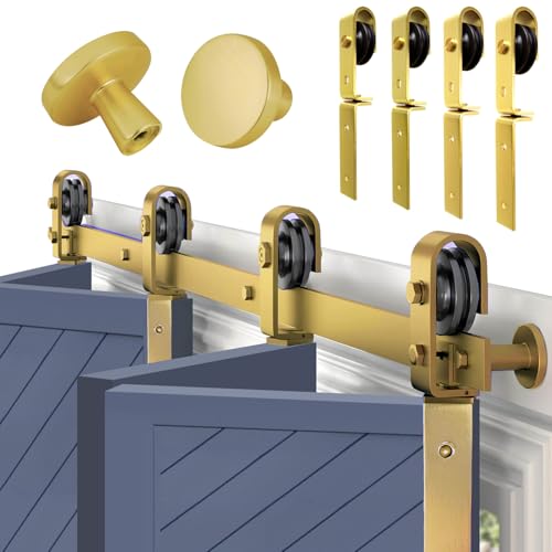 Rio Salto Gold Bifold Sliding Barn Door Hardware Kit Heavy Duty Metal Track System with Matching Knobs Gold BiFold Barn Door Bifold Closet Doors BiFolding 52 Track for 4 Doors 4 Rollers No Door - Image 1