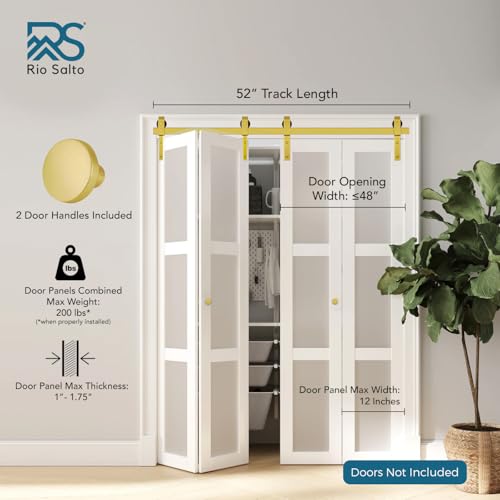 Rio Salto Gold Bifold Sliding Barn Door Hardware Kit Heavy Duty Metal Track System with Matching Knobs Gold BiFold Barn Door Bifold Closet Doors BiFolding 52 Track for 4 Doors 4 Rollers No Door - Image 3