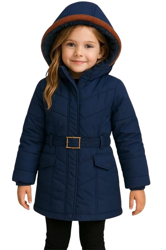 Krystle Girls’ Hooded Winter Jacket – Warm Quilted Puffer Coat with Belt, Water-Resistant Outerwear for Cold Weather (Blue,7-8 Years) (Cool Dezine) - Image 1