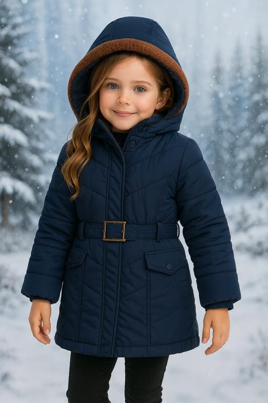 Krystle Girls’ Hooded Winter Jacket – Warm Quilted Puffer Coat with Belt, Water-Resistant Outerwear for Cold Weather (Blue,7-8 Years) (Cool Dezine) - Image 2