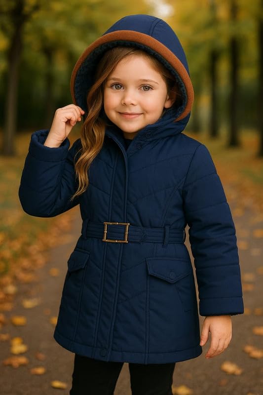 Krystle Girls’ Hooded Winter Jacket – Warm Quilted Puffer Coat with Belt, Water-Resistant Outerwear for Cold Weather (Blue,7-8 Years) (Cool Dezine) - Image 3