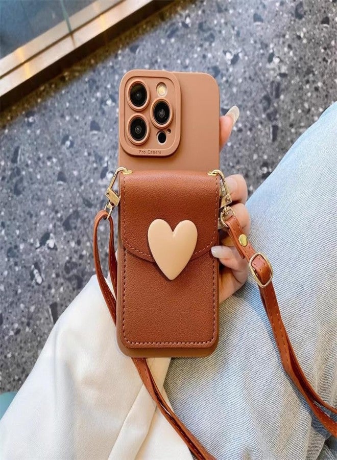 SGVAHY for iPhone 16 Pro Max Case with Strap Card Holder Crossbody Lanyard, Cute Phone Wallet Case for Women Girls, Brown Heart Design Leather Purse Soft Silicone Cover for iPhone 16 Pro Max - Image 2