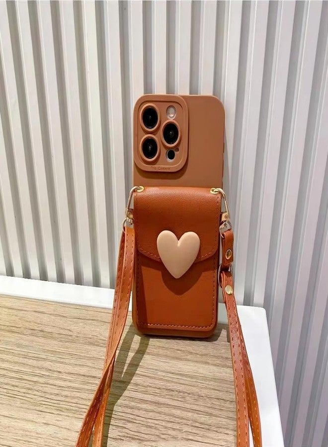 SGVAHY for iPhone 16 Pro Max Case with Strap Card Holder Crossbody Lanyard, Cute Phone Wallet Case for Women Girls, Brown Heart Design Leather Purse Soft Silicone Cover for iPhone 16 Pro Max - Image 4