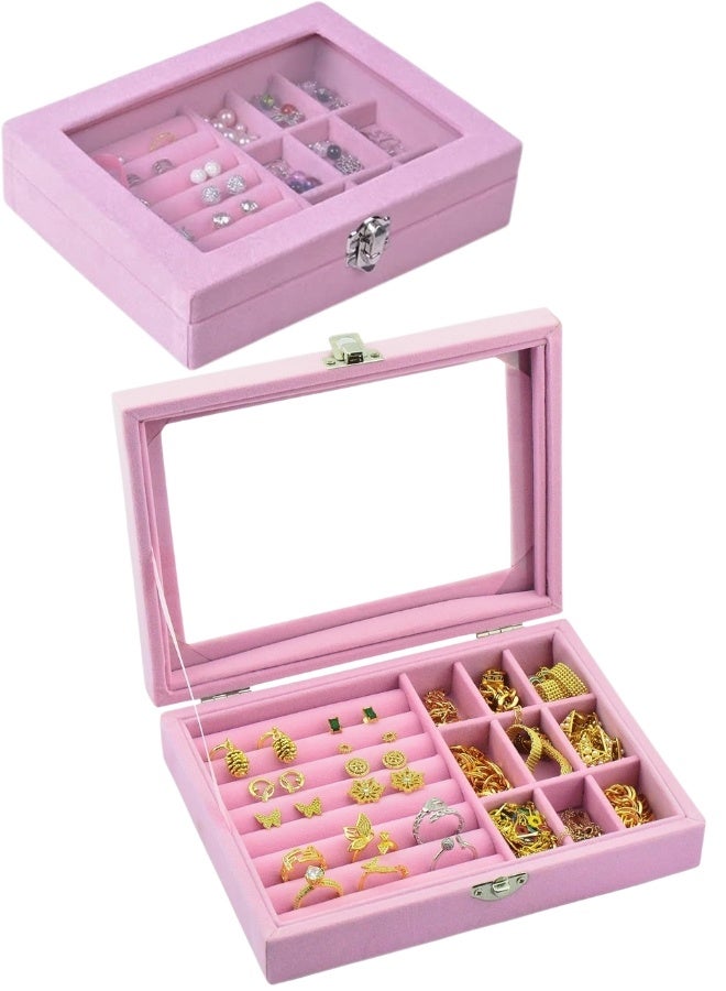 Jewelry Boxes with Acrylic Lid, 9 Grids, Jewelry Storage, Jewelry Case, Women's Jewelry Box, Travel, Decorative Necklace, Earrings, Ring, Jewelry Box, Clear Jewelry Storage Box, Pink - Image 1