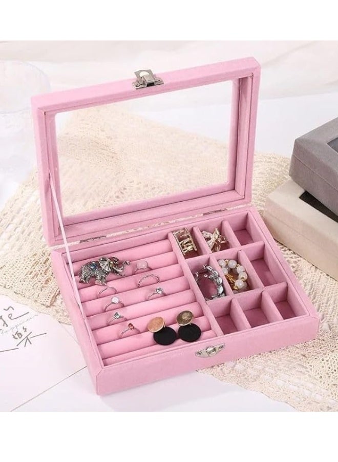 Jewelry Boxes with Acrylic Lid, 9 Grids, Jewelry Storage, Jewelry Case, Women's Jewelry Box, Travel, Decorative Necklace, Earrings, Ring, Jewelry Box, Clear Jewelry Storage Box, Pink - Image 2