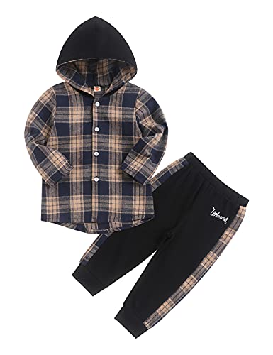 Fuermos Toddler Baby Boys Clothes Flannel Lattice Button Down Hooded Tops +Pants Boys Fall Winter Outfits(2-3T) - Image 1