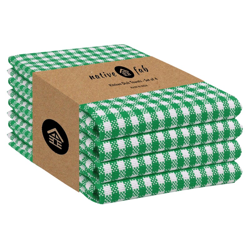 Native Fab Kitchen Dish Towels 16x26 inches Set of 4 Gingham Mini Check- 100% Cotton Dish Cloths for Washing Dishes  Absorbent Hand Towels with Hanger - Green White