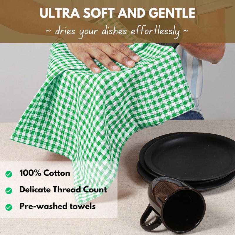 Native Fab Kitchen Dish Towels 16x26 inches Set of 4 Gingham Mini Check- 100% Cotton Dish Cloths for Washing Dishes  Absorbent Hand Towels with Hanger - Green White