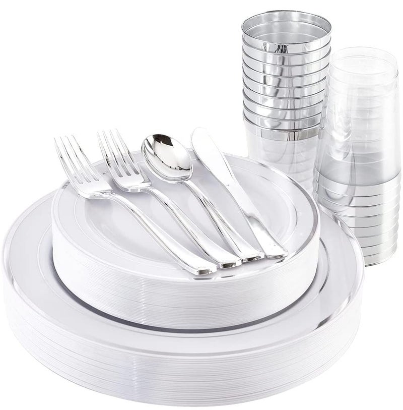 LATERN 150Pcs MultiUse Silver Plastic Dinnerware Set 25 x Resuable Dinner Plates 25 x Salad Plates 25 x Knives 25 x Mini Forks 25 x Spoons 25 x 300ml Cups for Wedding Anniversary Garden Party