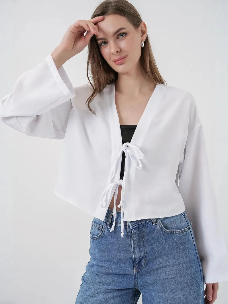 بيغ دارت بلوزة كيمونو طويلة الأكمام بياقة على شكل حرف  من مزيج الفيسكوز مع تفاصيل ربط