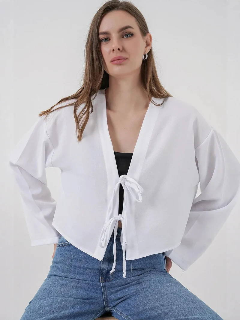 بيغ دارت بلوزة كيمونو طويلة الأكمام بياقة على شكل حرف  من مزيج الفيسكوز مع تفاصيل ربط