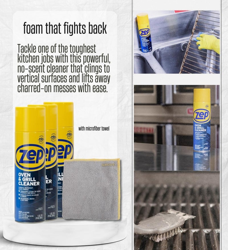 GROVE Zep No Scent Oven and Grill Cleaner 19 oz (3-Pack) Bundle with Microfiber Cleaning Cloth - Thick Foam Formula for Deep Grease and Grime Removal - Gift Set (4 Items). - Image 3