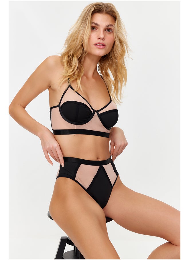 trendyol - Black Micro Tulle Detailed Coverless Underwire Underwear Set THMSS24CC00009 - Image 1
