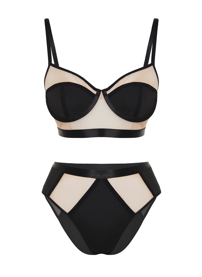 trendyol - Black Micro Tulle Detailed Coverless Underwire Underwear Set THMSS24CC00009 - Image 1