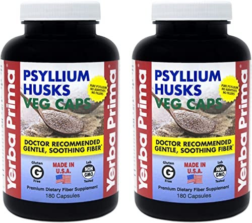 Yerba Prima Psyllium Husks Veg Caps 180 Count 2 Pack 625mg Vegan NonGMO Gluten Free Colon Cleanser Daily Fiber Supplement for Gut Health Regularity
