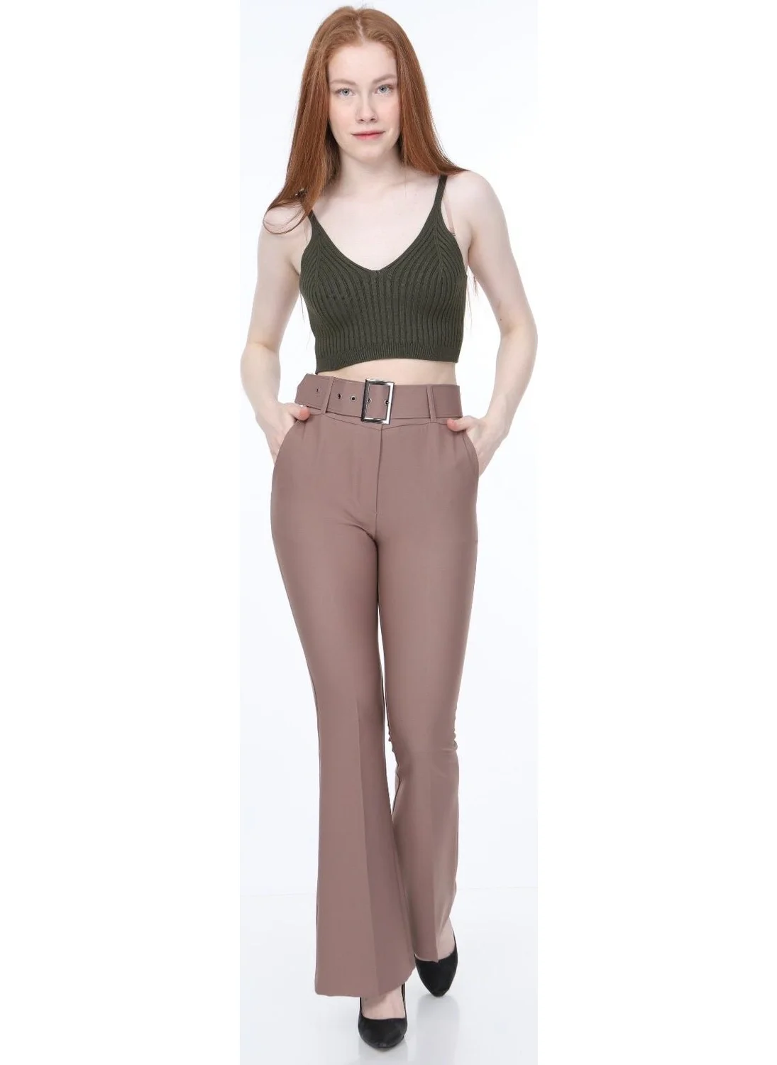 Bluence Waist Belted Light Brown Fabric Trousers 40