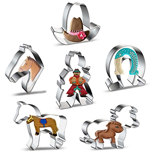 azflyife Horse Cowboy Cookie Cutters Shapes Baking Set, 6 Pieces Stainless Steel Metal Mold with Horse, Pony, Horse Head, Horseshoe, Cowboy, Cowboy Hat Cookie Cutter for Biscuit Pastry Fondant Gingerbread Cake - Image 1