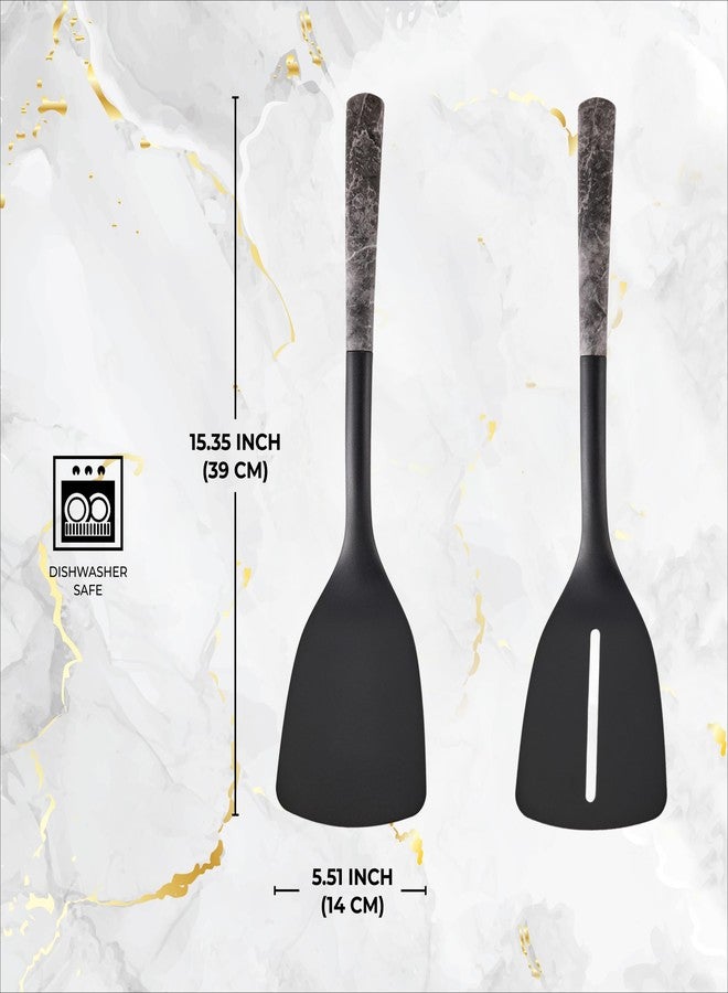 Sabatier Turner Set - Solid and Slotted Kitchen Spatulas with Thin-Edge Design, Gray Marble Handles, Heat-Resistant to 450F, Dishwasher Safe, 2 Piece - Image 3