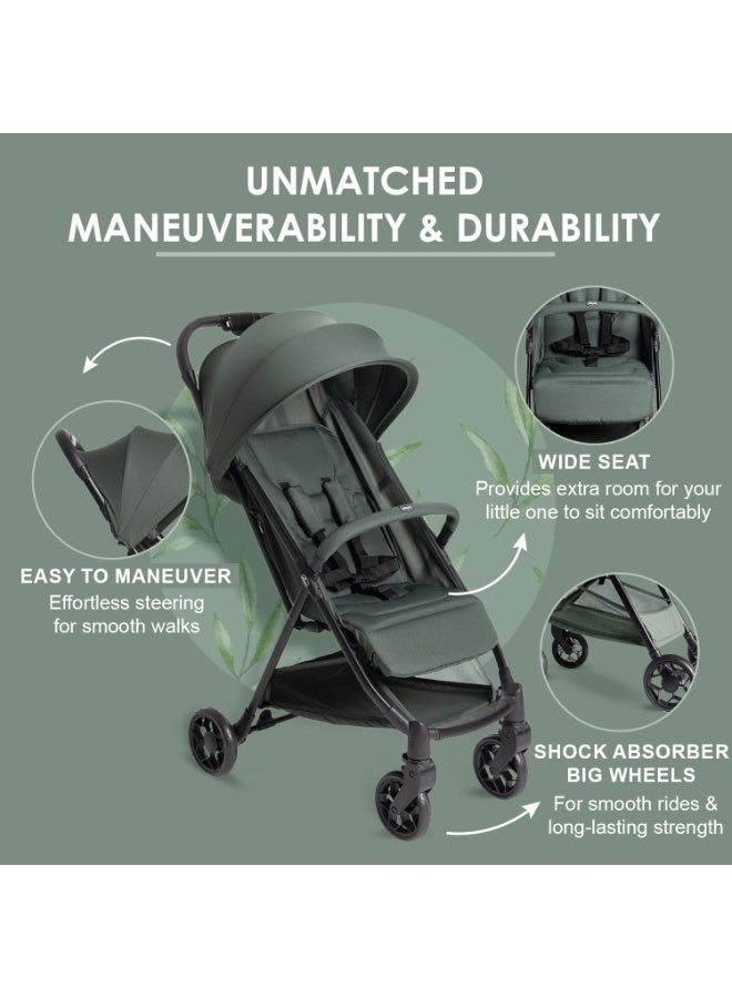 Chicco Urbino Evergreen Stroller |One-Hand fold| Comfortable Wide Seats with Padded Shoulder| Reclining backrest and Adjustable footrest|0-4 Years| Extendable Canopy with UV 50+ Protection - Image 4